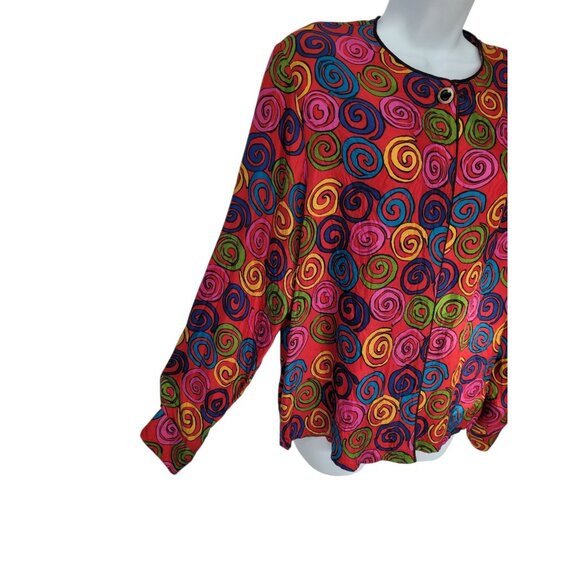 Vintage 90s 100% Silk Blouse L Long Sleeve Button Mod Red Psychedelic - Picture 5 of 16